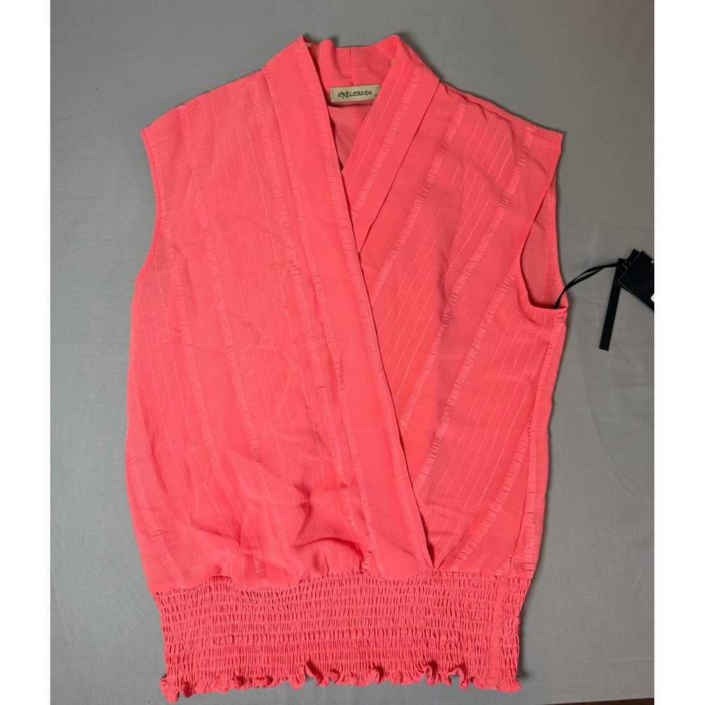 Explosion Coral Sleeveless Wrap Blouse Smocked Waist Top Size 38 NWT